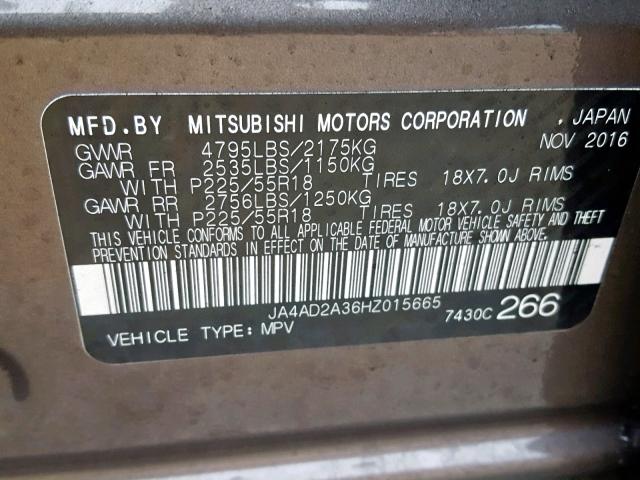 JA4AD2A36HZ015665 - 2017 MITSUBISHI OUTLANDER BROWN photo 10