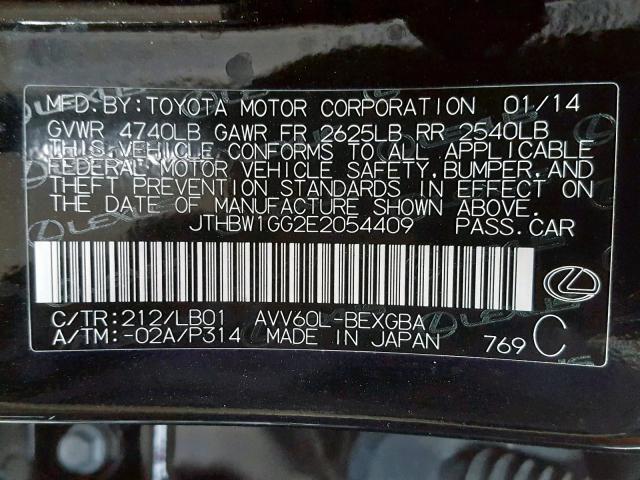 JTHBW1GG2E2054409 - 2014 LEXUS ES 300H BLACK photo 10