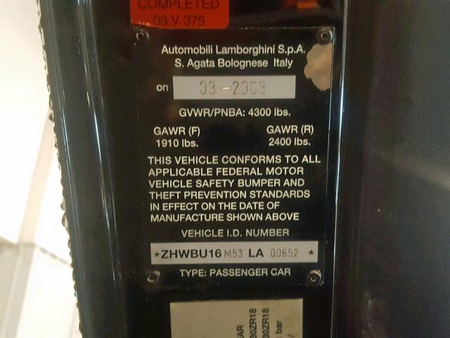 ZHWBU16M53LA00652 - 2003 LAMBORGHINI MURCIELAGO BLACK photo 10