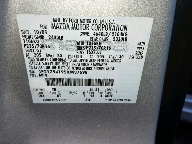 4F2YZ94195KM37698 - 2005 MAZDA TRIBUTE S SILVER photo 10