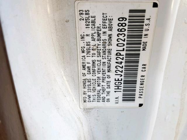 1HGEJ2242PL023689 - 1993 HONDA CIVIC DX WHITE photo 10