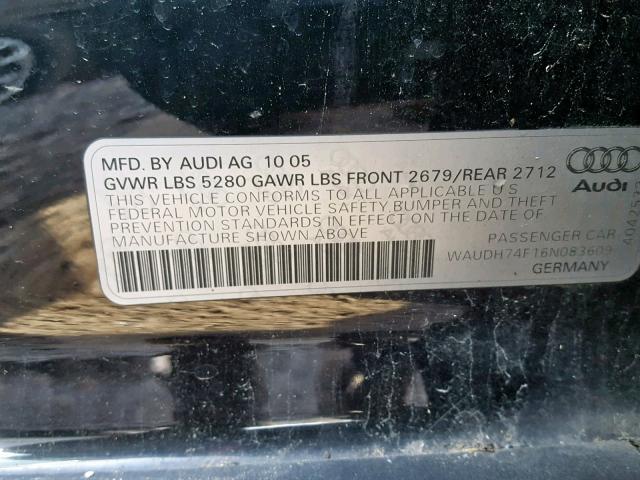 WAUDH74F16N083609 - 2006 AUDI A6 3.2 QUA BLACK photo 10