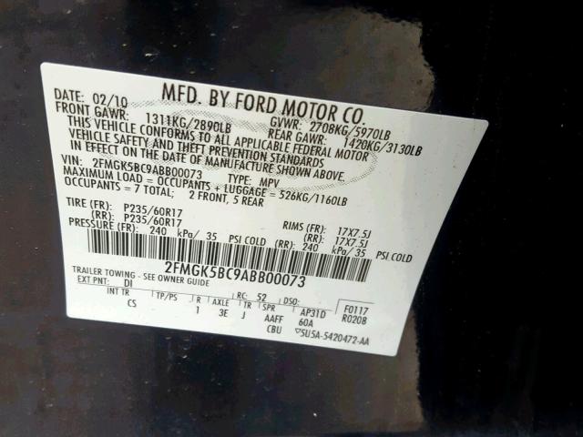 2FMGK5BC9ABB00073 - 2010 FORD FLEX SE BLUE photo 10