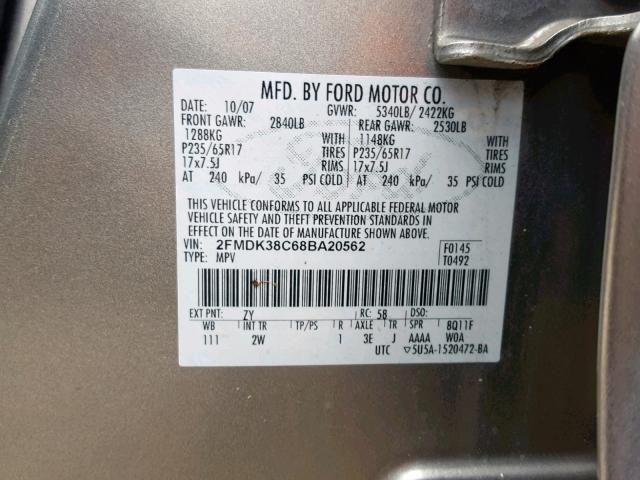 2FMDK38C68BA20562 - 2008 FORD EDGE SEL SILVER photo 10