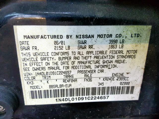 1N4DL01D91C224657 - 2001 NISSAN ALTIMA XE BLACK photo 10