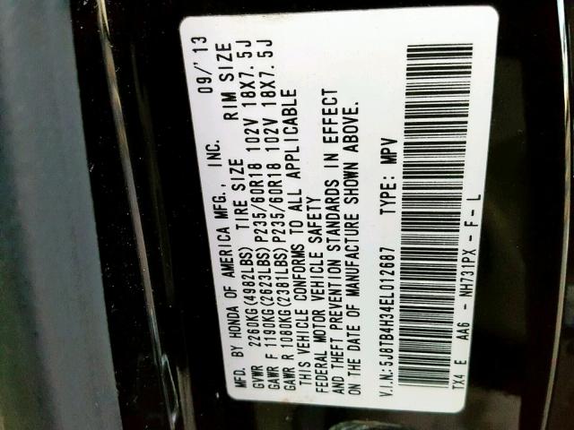 5J8TB4H34EL012687 - 2014 ACURA RDX BASE BLACK photo 10