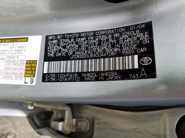 JTDKB20U840044108 - 2004 TOYOTA PRIUS  photo 10