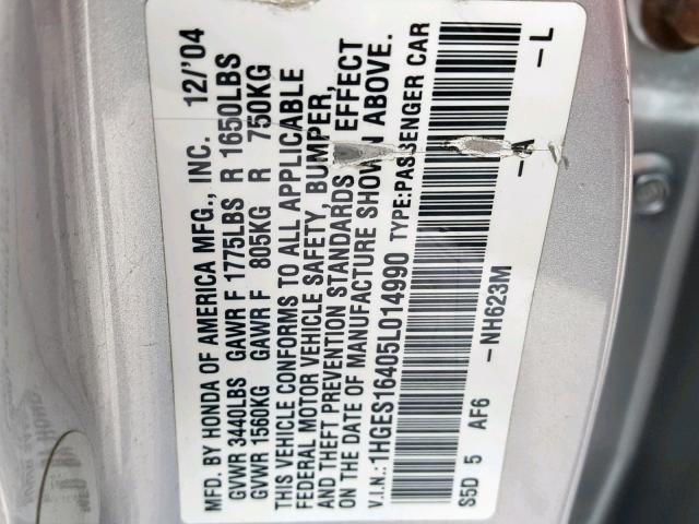 1HGES16405L014990 - 2005 HONDA CIVIC DX SILVER photo 10