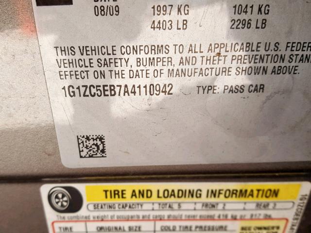 1G1ZC5EB7A4110942 - 2010 CHEVROLET MALIBU 1LT 银色 照片 10