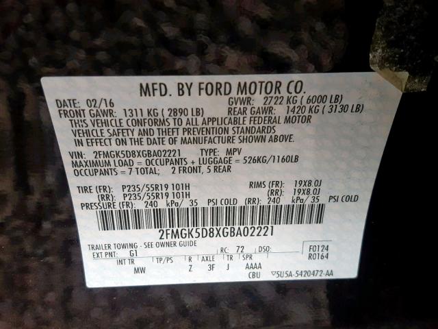 2FMGK5D8XGBA02221 - 2016 FORD FLEX LIMIT BLACK photo 10