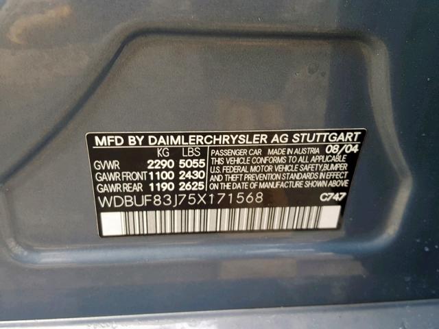 WDBUF83J75X171568 - 2005 MERCEDES-BENZ E500 BLUE photo 10