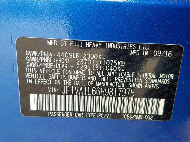 JF1VA1L66H9817978 - 2017 SUBARU WRX LIMITE BLUE photo 10