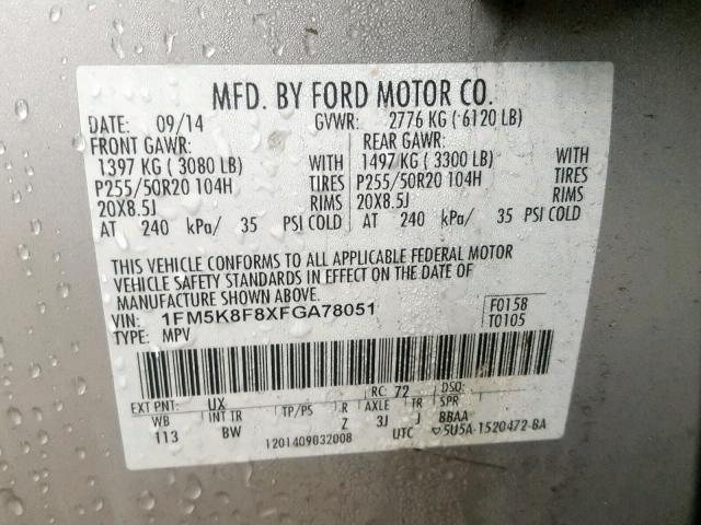 1FM5K8F8XFGA78051 - 2015 FORD EXPLORER L SILVER photo 10