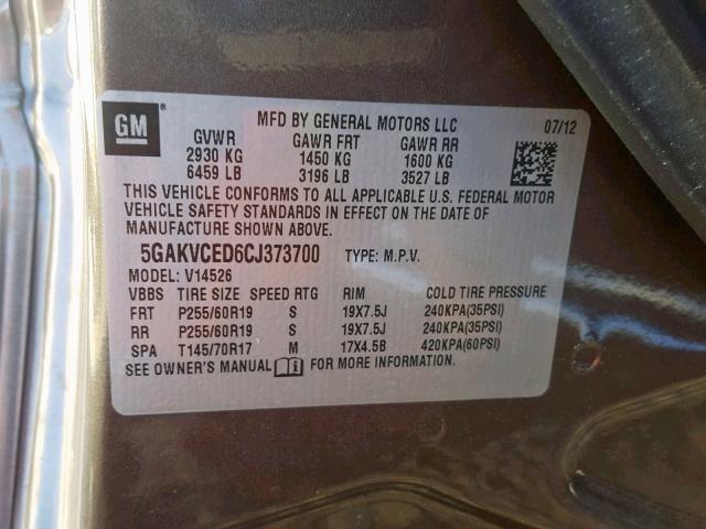 5GAKVCED6CJ373700 - 2012 BUICK ENCLAVE GRAY photo 10