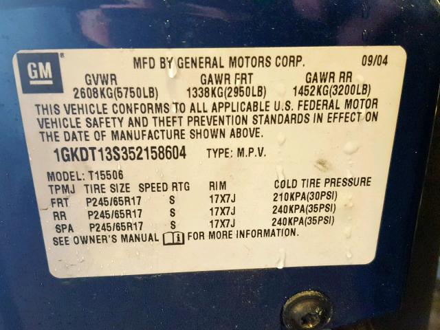 1GKDT13S352158604 - 2005 GMC ENVOY BLUE photo 10