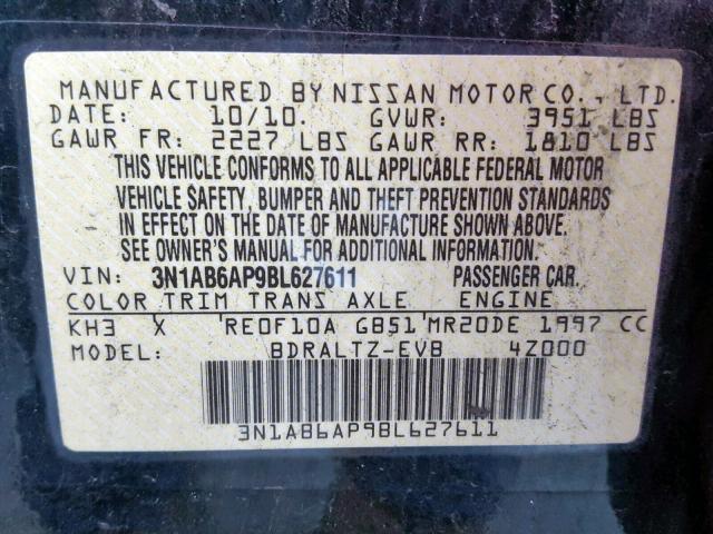 3N1AB6AP9BL627611 - 2011 NISSAN SENTRA 2.0 BLACK photo 10