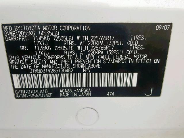 JTMBD31V285130482 - 2008 TOYOTA RAV4 LIMIT WHITE photo 10