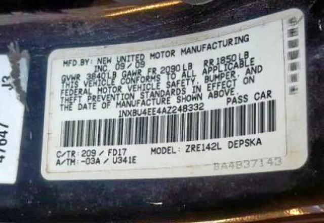 1NXBU4EE4AZ248332 - 2010 TOYOTA COROLLA BASE  photo 10