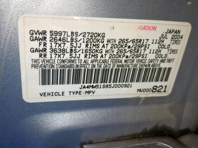 JA4MW51S85J000921 - 2005 MITSUBISHI MONTERO LI SILVER photo 10