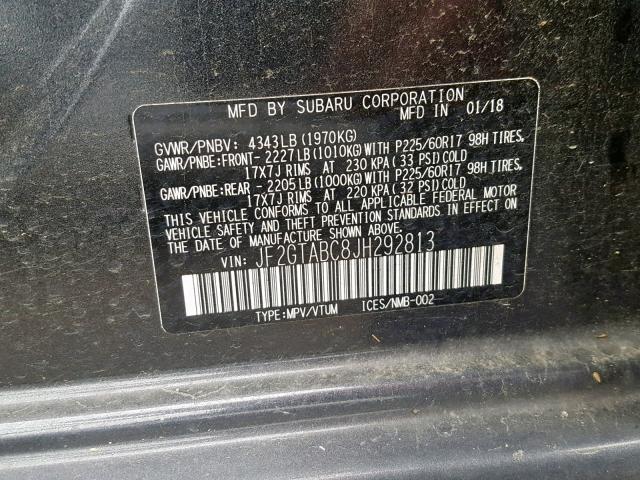 JF2GTABC8JH292813 - 2018 SUBARU CROSSTREK GRAY photo 10