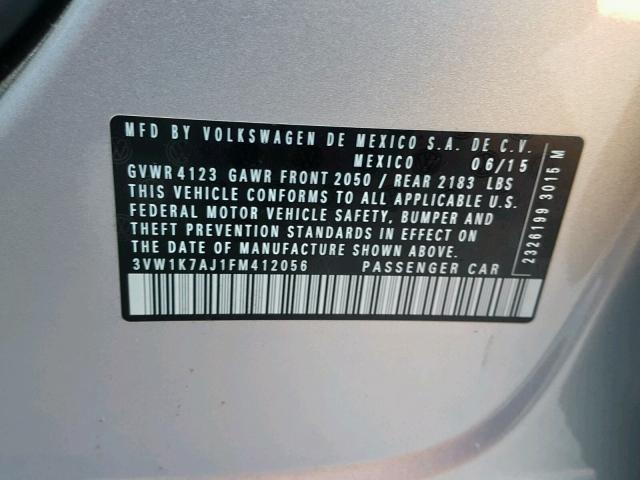 3VW1K7AJ1FM412056 - 2015 VOLKSWAGEN JETTA BASE Արծաթագույն լուսանկար 10