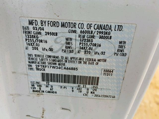 2FTRF17W34CA66885 - 2004 FORD F-150 HERI WHITE photo 10