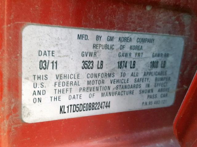 KL1TD5DE0BB224744 - 2011 CHEVROLET AVEO LS RED photo 10