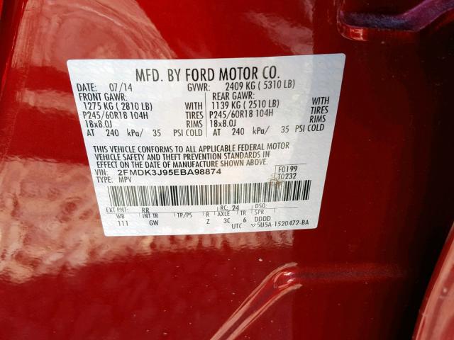 2FMDK3J95EBA98874 - 2014 FORD EDGE SEL RED photo 10