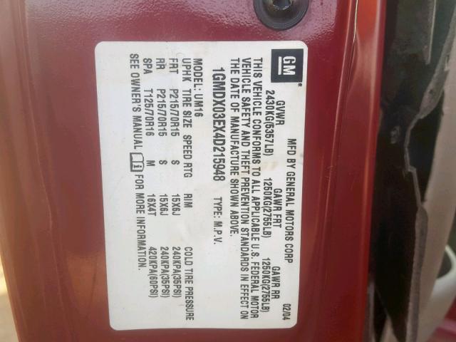 1GMDX03EX4D215948 - 2004 PONTIAC MONTANA MAROON photo 10