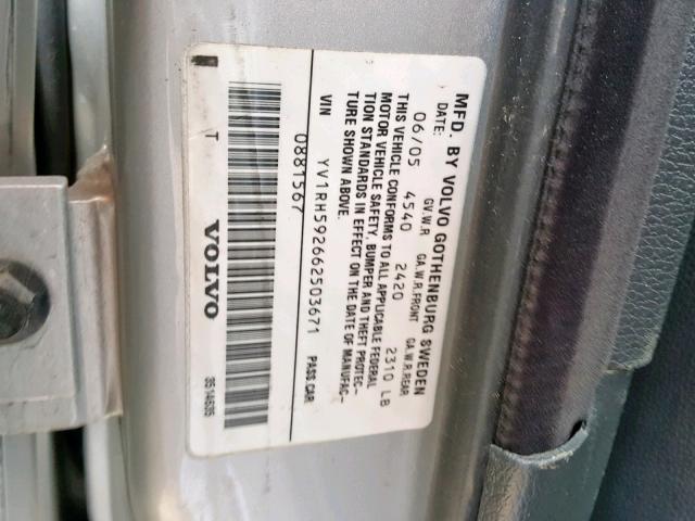 YV1RH592662503671 - 2006 VOLVO S60 2.5T SILVER photo 10