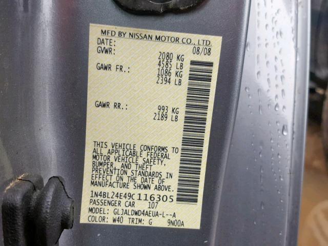 1N4BL24E49C116305 - 2009 NISSAN ALTIMA 3.5 GRAY photo 10