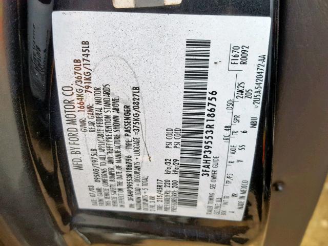 3FAHP39553R186756 - 2003 FORD FOCUS SVT BLACK photo 10