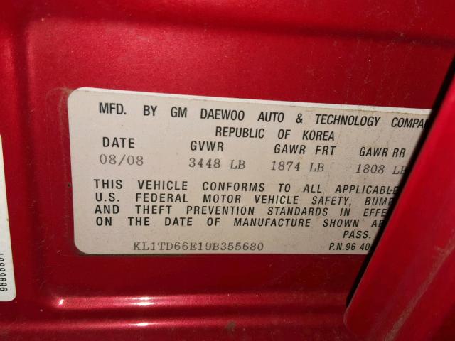 KL1TD66E19B355680 - 2009 CHEVROLET AVEO LS RED photo 10
