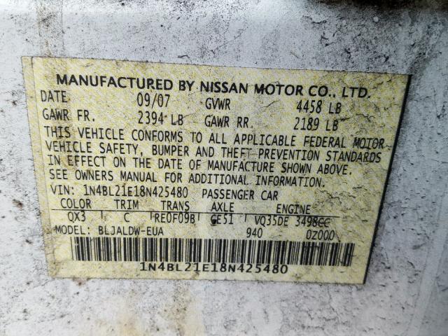 1N4BL21E18N425480 - 2008 NISSAN ALTIMA 3.5 WHITE photo 10