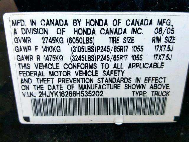 2HJYK16266H535202 - 2006 HONDA RIDGELINE BLACK photo 10