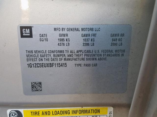 1G1ZC5EUXBF115415 - 2011 CHEVROLET MALIBU 1LT 银色 照片 10