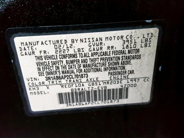 3N1AB6AP2CL701873 - 2012 NISSAN SENTRA 2.0 BLACK photo 10