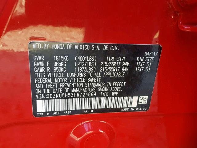 3CZRU5H53HM724664 - 2017 HONDA HR-V EX RED photo 10