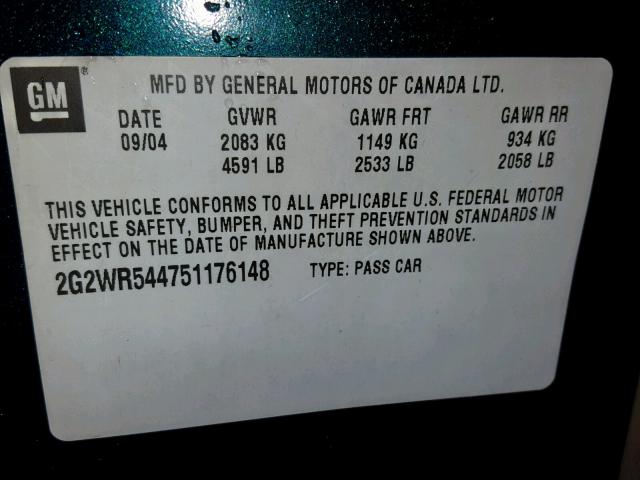 2G2WR544751176148 - 2005 PONTIAC GRAND PRIX BLUE photo 10