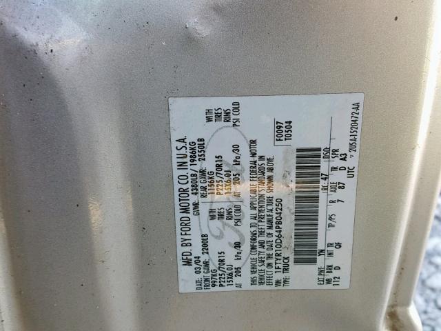 1FTYR10D64PB04250 - 2004 FORD RANGER SILVER photo 10