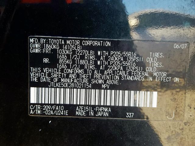 JTLKE50E281021154 - 2008 TOYOTA SCION XB BLACK photo 10