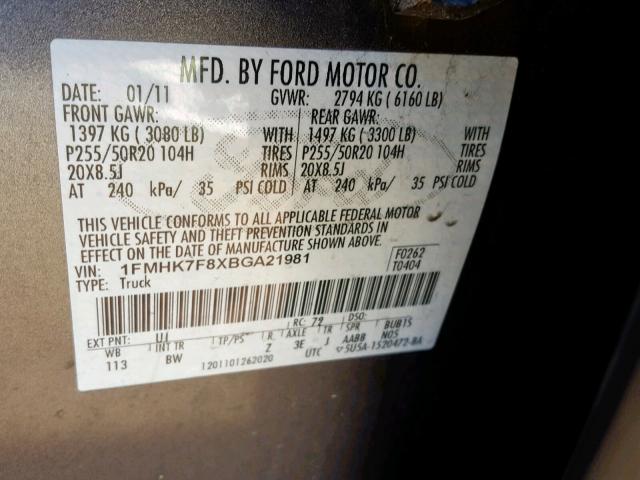 1FMHK7F8XBGA21981 - 2011 FORD EXPLORER L GRAY photo 10