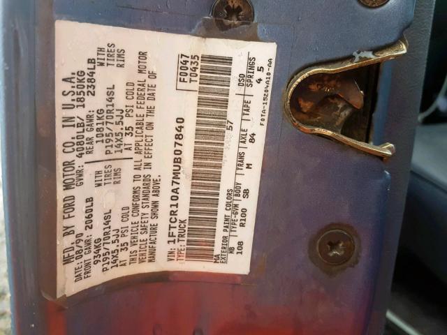 1FTCR10A7MUB07840 - 1991 FORD RANGER BLUE photo 10