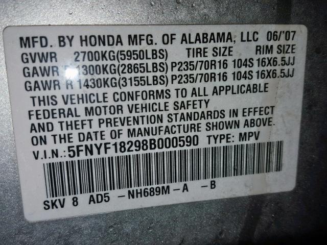 5FNYF18298B000590 - 2008 HONDA PILOT VP SILVER photo 10