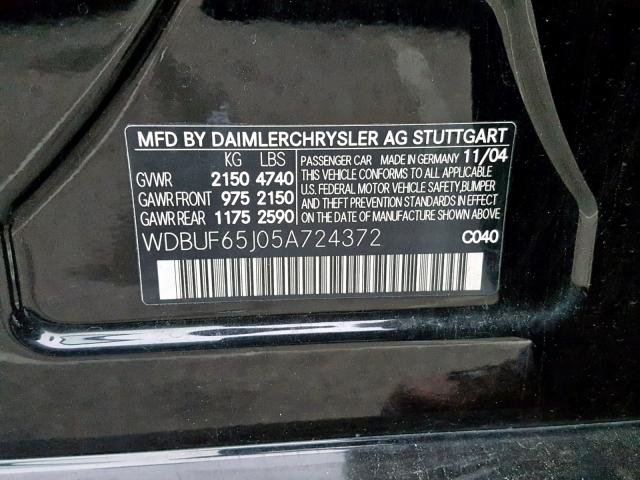 WDBUF65J05A724372 - 2005 MERCEDES-BENZ E 320 BLACK photo 10