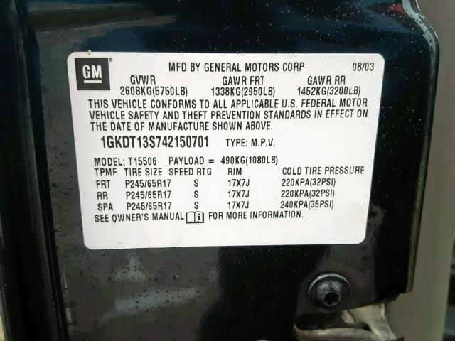 1GKDT13S742150701 - 2004 GMC ENVOY CHARCOAL photo 10