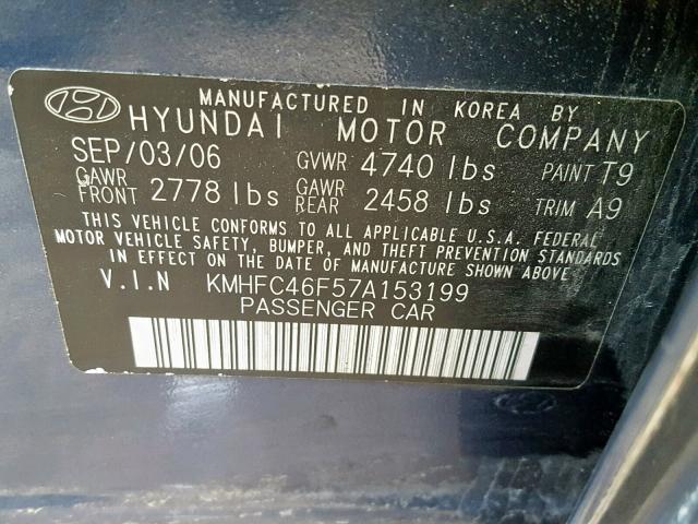 KMHFC46F57A153199 - 2007 HYUNDAI AZERA SE BLUE photo 10