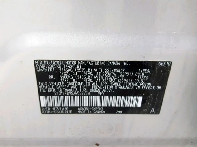 2T3YF4DV9AW039259 - 2010 TOYOTA RAV4 LIMIT SILVER photo 10