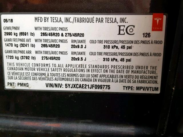 5YJXCAE21JF099775 - 2018 TESLA MODEL X GRAY photo 10