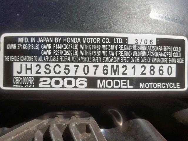 JH2SC57076M212860 - 2006 HONDA CBR1000 RR BLACK photo 10